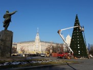 Наряжают ёлку на площади Ленина в Воронежа.