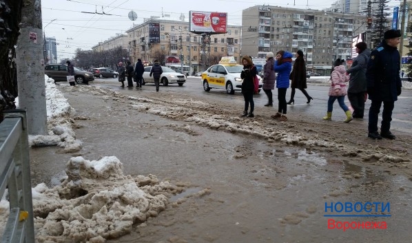 Воронежцы не могут перейти дорогу из-за глубокой лужи.