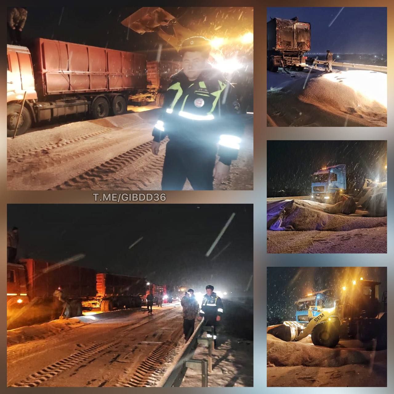 В Воронежской области после столкновения грузовиков дорогу засыпало зерном